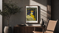 Woman in yellow eating biscuit poster framed above a fluted sideboard beside an olive tree