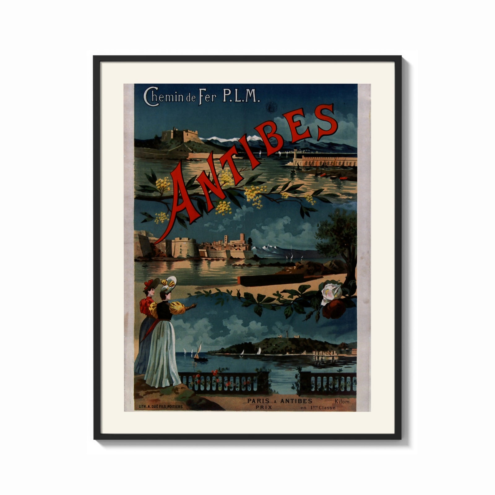 Framed Antibes coastal town scene print shown as a bold statement piece on a clean gallery wall