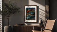 Antibes coastal town scene poster framed above a fluted sideboard beside an olive tree