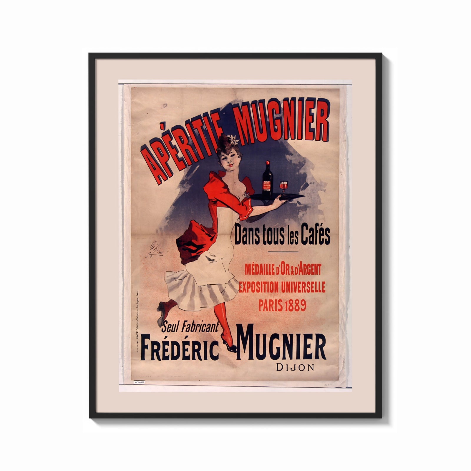 Framed woman serving aperitif on tray print shown as a bold statement piece on a clean gallery wall