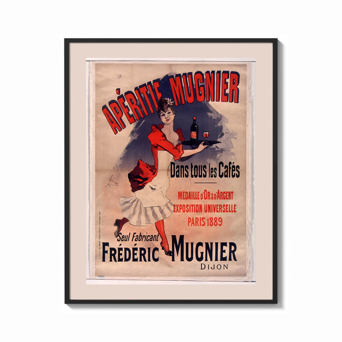 Framed woman serving aperitif on tray print shown as a bold statement piece on a clean gallery wall