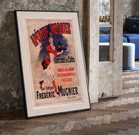woman serving aperitif on tray print in a black frame leaning beside a vintage door on parquet