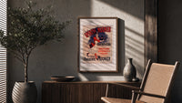 woman serving aperitif on tray poster framed above a fluted sideboard beside an olive tree