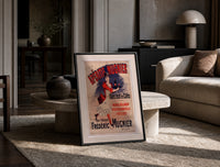 woman serving aperitif on tray print in a black frame leaning on a travertine table in a sunlit lounge