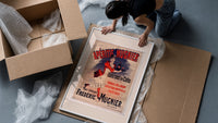 woman serving aperitif on tray framed print being unpacked from protective bubble wrap and a box