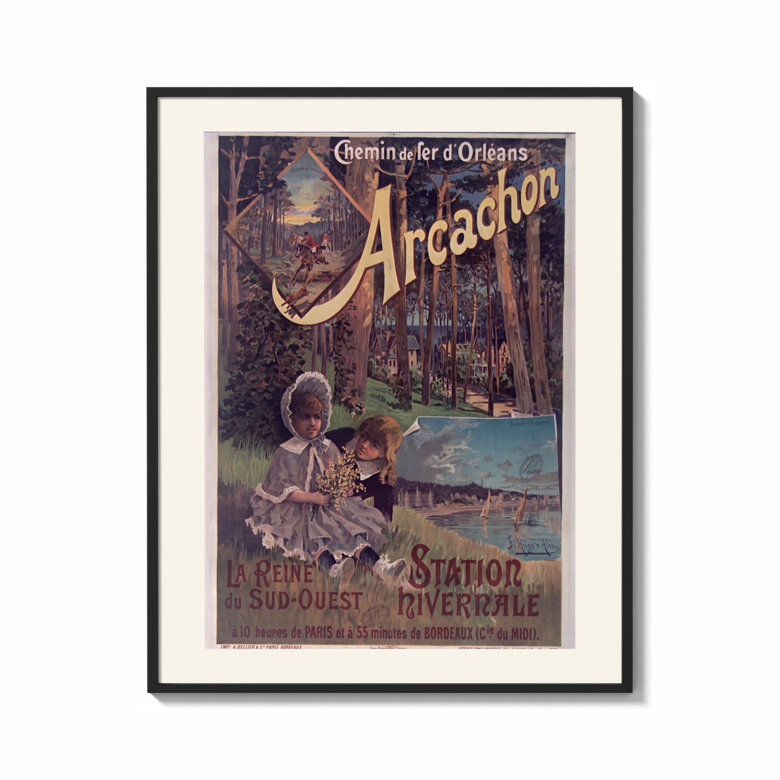 Framed two children resting in forest print shown as a bold statement piece on a clean gallery wall