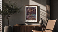 Two children resting in forest poster framed above a fluted sideboard beside an olive tree