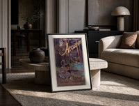 Two children resting in forest print in a black frame leaning on a travertine table in a sunlit lounge