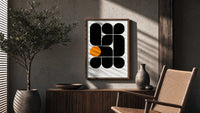 Arches Composition poster framed above a fluted sideboard beside a potted tree