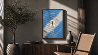 FIFA World Cup 2026 Argentina logo poster framed above a fluted sideboard beside an olive tree
