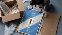 FIFA World Cup 2026 Argentina logo framed print being unpacked from protective bubble wrap and a box