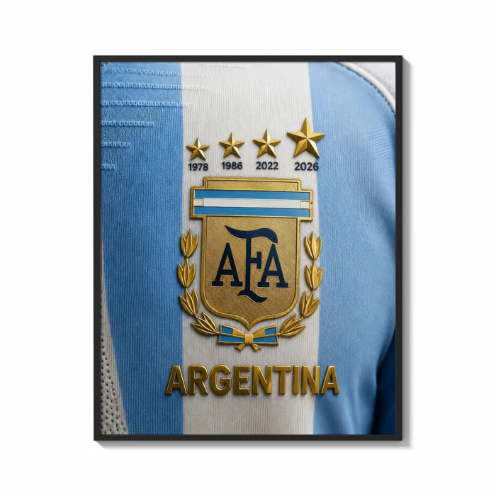Framed Argentina football national team crest jersey print shown as a bold statement piece on a clean gallery wall