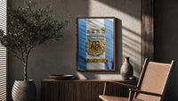 Argentina football national team crest jersey poster framed above a fluted sideboard beside an olive tree