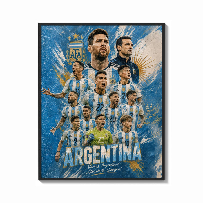 Framed Argentina national football team players print shown as a bold statement piece on a clean gallery wall