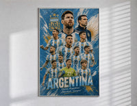 Argentina national football team players poster in a slim frame on a bright wall with soft window light