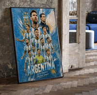 Argentina national football team players print in a black frame leaning beside a vintage door on parquet