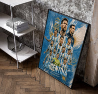 Argentina national football team players poster in a black frame leaning beside a shelf in a raw-plaster loft