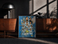Black-framed Argentina national football team players print on a moody console with designer coffee-table books