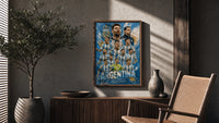 Argentina national football team players poster framed above a fluted sideboard beside an olive tree