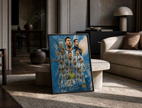 Argentina national football team players print in a black frame leaning on a travertine table in a sunlit lounge