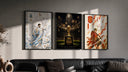 Soccer players as samurai warriors triptych in three black frames on a grey wall above a leather sofa