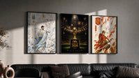 Soccer players as samurai warriors triptych in three black frames on a grey wall above a leather sofa
