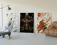 Soccer players as samurai warriors three-panel set displayed beside a brown leather sofa