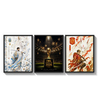 Soccer players as samurai warriors three-panel set arranged as a triptych on a bright gallery wall