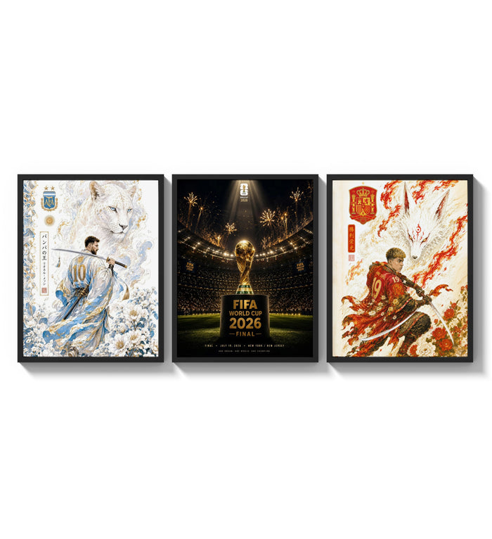Soccer players as samurai warriors three-panel set arranged as a triptych on a bright gallery wall