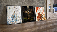 Soccer players as samurai warriors three-piece set leaning on parquet beside a vintage loft door