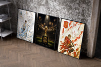 Soccer players as samurai warriors set of three black-framed prints leaning against a raw-plaster wall