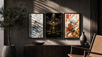 Soccer players as samurai warriors triptych in three walnut frames above a sideboard in a warm room