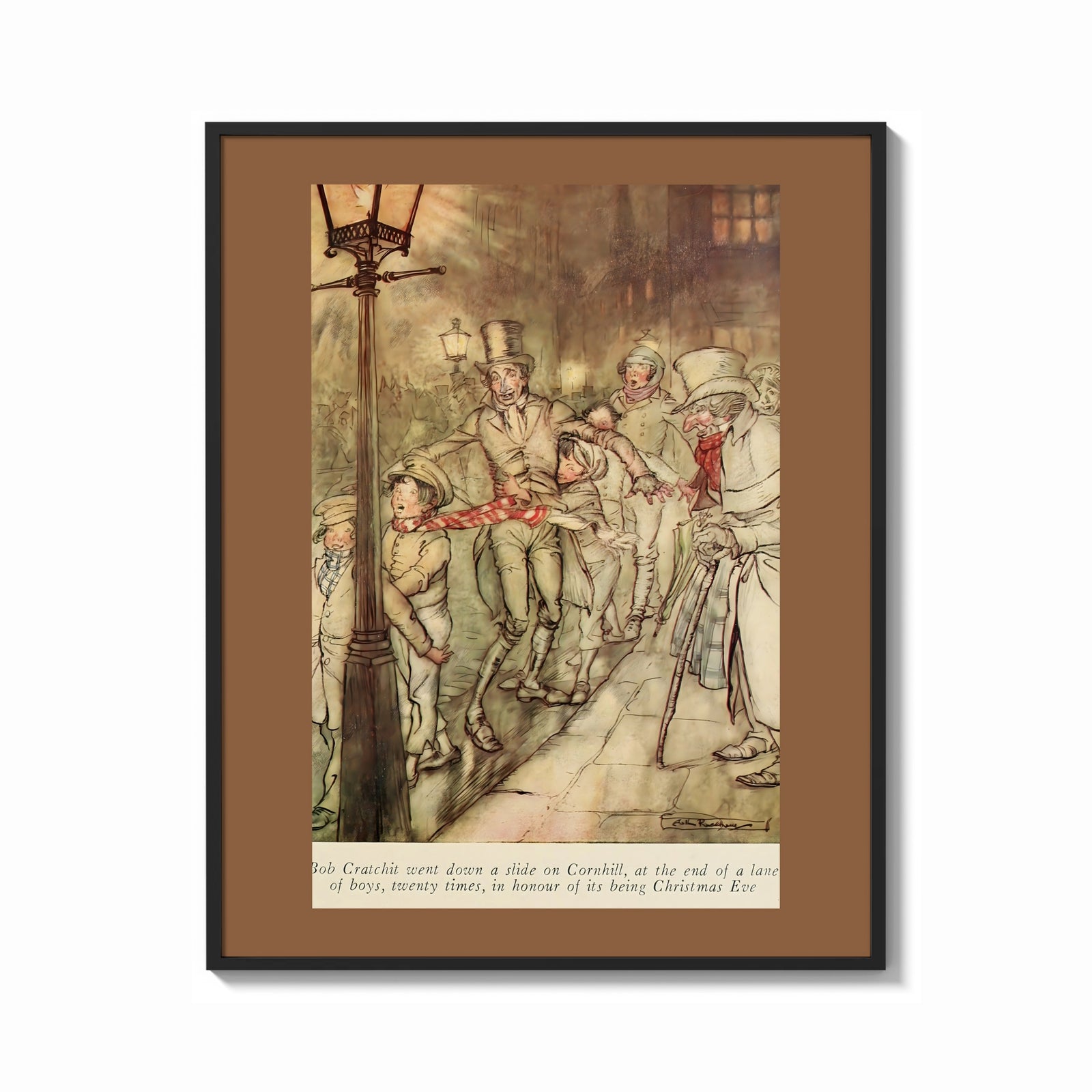 Framed Bob Cratchit and boys sliding on street print shown as a bold statement piece on a clean gallery wall