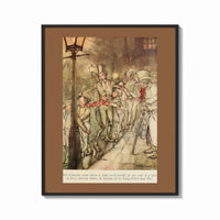 Framed Bob Cratchit and boys sliding on street print shown as a bold statement piece on a clean gallery wall