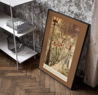 Bob Cratchit and boys sliding on street poster in a black frame leaning beside a shelf in a raw-plaster loft