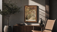 Bob Cratchit and boys sliding on street poster framed above a fluted sideboard beside an olive tree