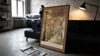 Bob Cratchit and boys sliding on street print in a slim black frame leaning on a dark sofa in a concrete print studio