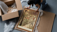Bob Cratchit and boys sliding on street framed print being unpacked from protective bubble wrap and a box