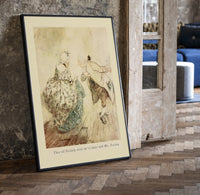 Elderly couple dancing in vintage attire print in a black frame leaning beside a vintage door on parquet