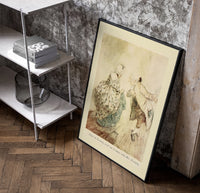Elderly couple dancing in vintage attire poster in a black frame leaning beside a shelf in a raw-plaster loft