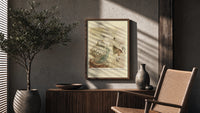 Elderly couple dancing in vintage attire poster framed above a fluted sideboard beside an olive tree