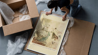 Elderly couple dancing in vintage attire framed print being unpacked from protective bubble wrap and a box