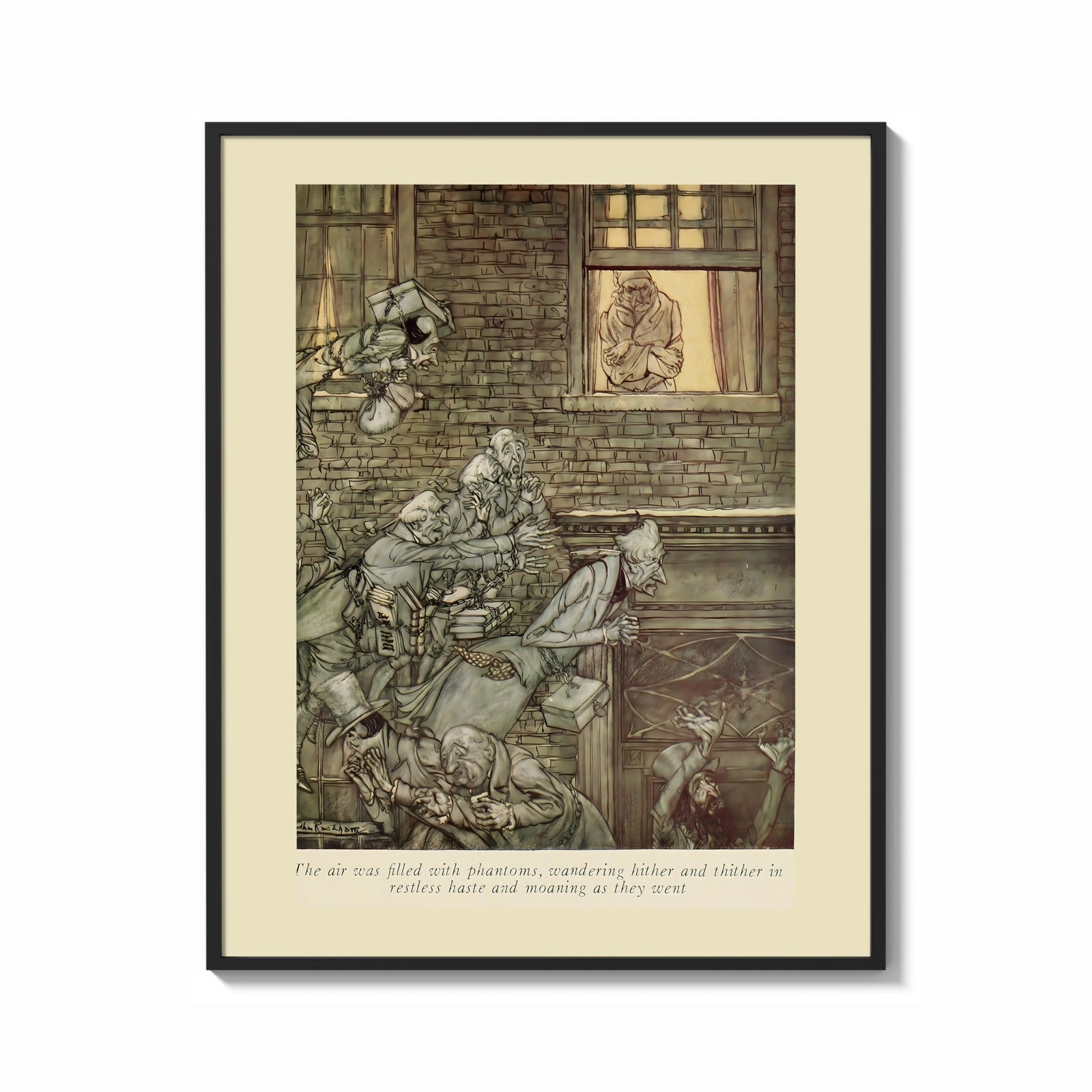 Framed Ghostly phantoms floating outside window print shown as a bold statement piece on a clean gallery wall