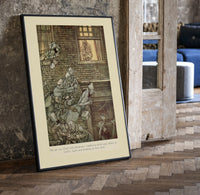 Ghostly phantoms floating outside window print in a black frame leaning beside a vintage door on parquet