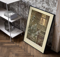 Ghostly phantoms floating outside window poster in a black frame leaning beside a shelf in a raw-plaster loft