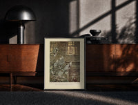 Black-framed Ghostly phantoms floating outside window print on a moody console with designer coffee-table books
