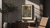 Ghostly phantoms floating outside window poster framed above a fluted sideboard beside an olive tree