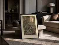 Ghostly phantoms floating outside window print in a black frame leaning on a travertine table in a sunlit lounge