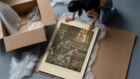 Ghostly phantoms floating outside window framed print being unpacked from protective bubble wrap and a box