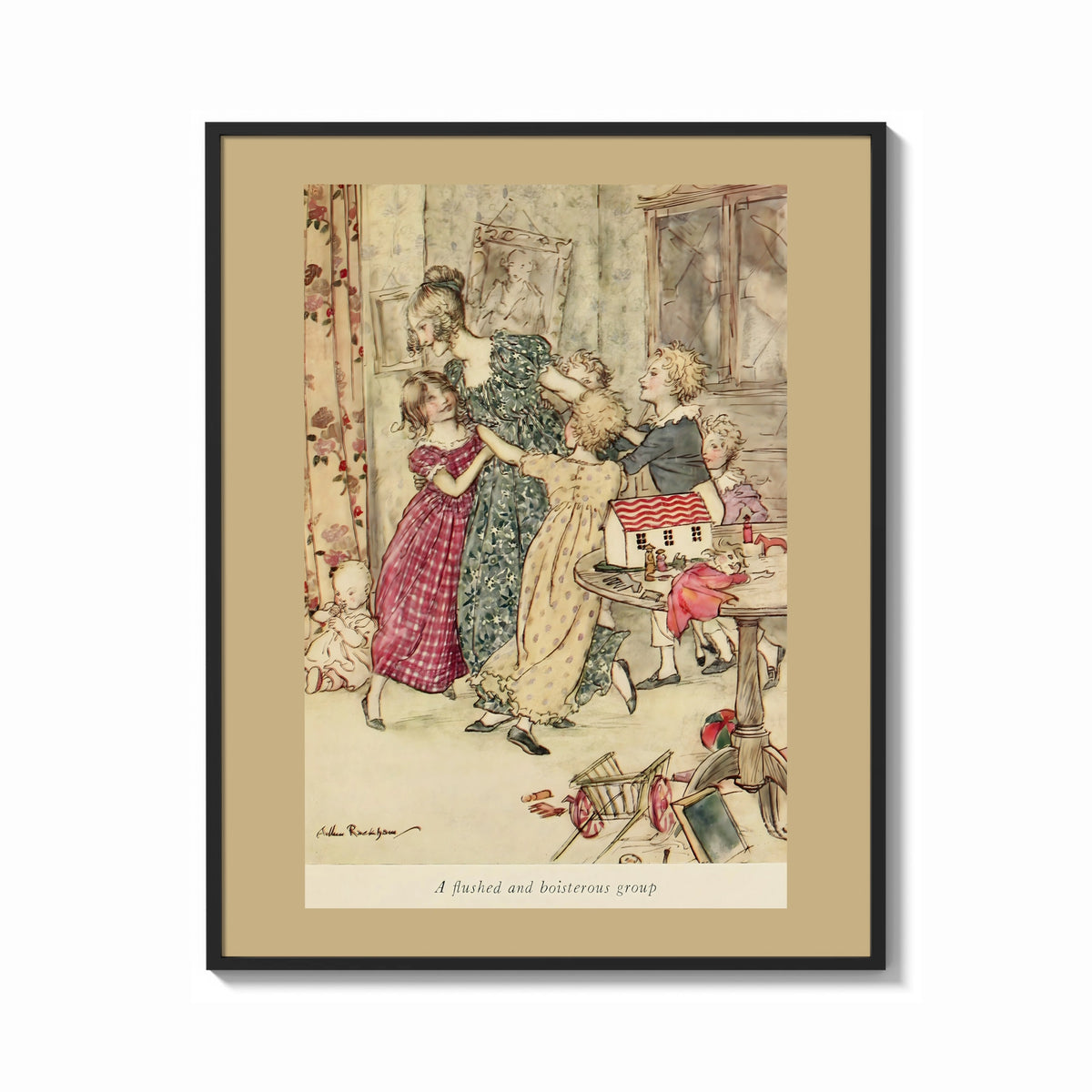 Framed Woman with children playing indoors print shown as a bold statement piece on a clean gallery wall